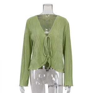 Hot Selling Solid Short Casual Lace-Up Pleated <strong>Plisse</strong> Women's Blouse <strong>Tops</strong> Sexy Chic Summer Cardigan - Product Image 6