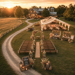 Décoration de mariage champêtre classique, pack complet : Arche en bois, balles de foin, bocaux Mason, guirlande lumineuse Edison, chemin de table en toile de jute. Solution complète OEM. - Product Image 1