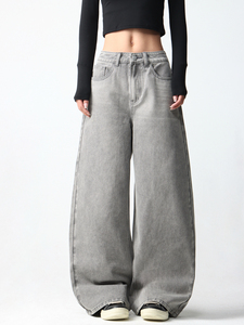 <span class=keywords><strong>Jean</strong></span> <span class=keywords><strong>large</strong></span> en denim taille haute personnalisé <span class=keywords><strong>pour</strong></span> <span class=keywords><strong>femme</strong></span>, nouvelle collection automne 2026, gris délavé, coupe droite ample - Product Image 4