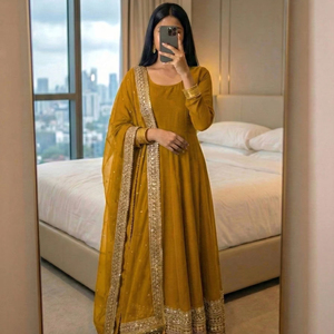 Ramdev Trading Women's Designer <b>Silk</b> Anarkali <b>Kurta</b> Set Heavy Border Matching Dupatta Digital Print Lace Work Modern Party - Product Image 1