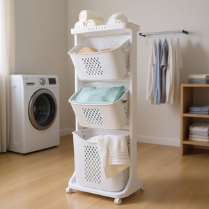 Panier à linge roulant à 3 niveaux, grande capacité, organisateur de rangement divisé pour le tri des vêtements, usage domestique, plastique blanc - Product Image 2