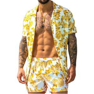 Conjunto de Dos Piezas Casual de Verano 2025 para Hombre, Estilo Hawaiano Transpirable, Pantalones Cortos de Punto de Manga Corta, Rayas y Diseños Sólidos - Product Image 1
