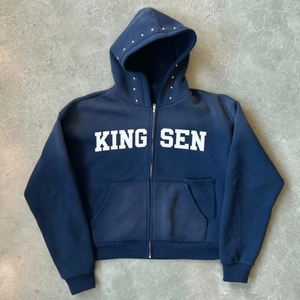 Sweat à capuche personnalisé avec impression sérigraphique, en coton lourd 400 g/m², délavé à l'acide, effet soleil, avec rivets et strass, coupe courte et ample, zippé - Product Image 3
