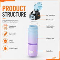 Bouteille d'eau en plastique PC dégradé 600ml 750ml avec paille souple et bouchon à clapet verrouillable, bouteille de sport portable pour l'école, la gym et les voyages