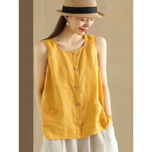Cotton Linen Sleeveless Tank Top Blue Summer Loose Fit Button Front Casual Top - Product Image 2