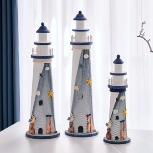 Mediterranean Style Wood Lighthouse Craft Decor <b>Round</b> Handmade Pine <b>Table</b> Decoration - Product Image 2