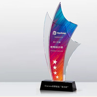 Trophée en cristal personnalisé avec logo, forme flamme, impression UV, base noire, plaque de reconnaissance d'entreprise personnalisée, vente en gros