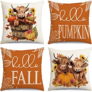 RABUSOFA Fall 18x18 Set <b>4</b> Decorative <b>Pillows</b> Highland Cow Outdoor Thanksgiving Hello Pumpkin Sunflower Leaves Throw <b>Pillow</b> - Product Image 3