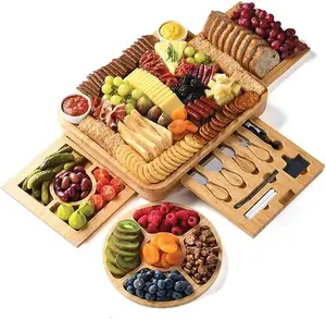 Custom Best Selling Round Bamboo Charcuterie Cheese Board Knives Set With Serving Tray Bamboo Cheese Board