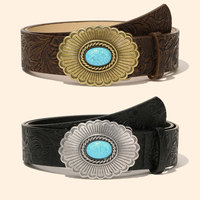 Ceintures en cuir PU pour femmes, style western cowgirl personnalisé, avec boucle turquoise gaufrée effet vieilli, accessoire pour jeans