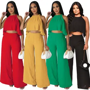 QuiteS Sleeveless Crop Top Chiffon High Waist Loose Trousers Suit Two Piece Pants Set Women Trousers 2pc Sets For Women 2023