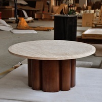 Table Basse en Bois Massif Personnalisée OEM ODM, avec Fonction Extensible, Plateau en Travertin Beige, Meuble de Maison, Ensemble de Petit Socle en Marbre