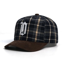 Casquette de baseball à carreaux personnalisée avec broderie de lettres gothiques en point de chaînette, visière en daim bicolore, style Dad Hat pour hommes, streetwear