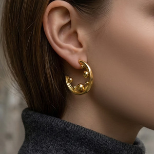 Gold Plated Hoop Earrings with Ball Design for Women Trendy Alloy Jewelry - Product Image 2