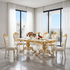 European French Style Carved Solid Wood <b>Dining</b> <b>Table</b> Set Antique Design <b>White</b> Gold Finish 8 Seater <b>Dining</b> <b>Dining</b> Room Furniture - Product Image 4