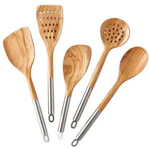 带金属手柄的橄榄木器皿，厨房用具橄榄木，木制炊具套装