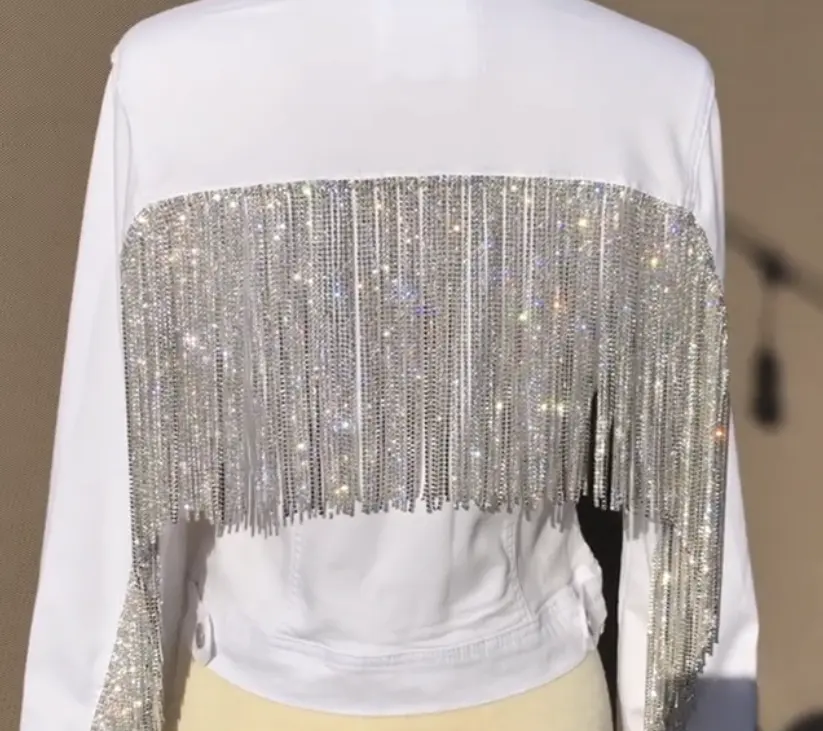फैशन लेडी महिला स्फटिक हीरा फ्रिंज लटकन श्रृंखला सफेद डेनिम जींस जैकेट कोट