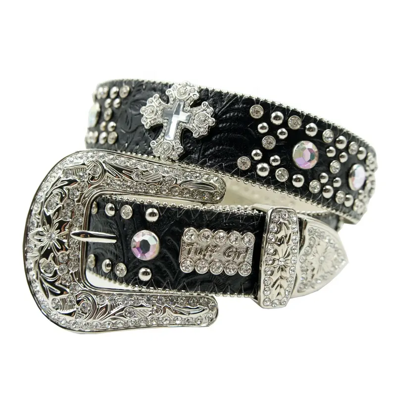 Cinturón Negro estilo vaquero occidental para mujer, cinturón con hebilla de aguja, con remaches de diamantes, 115cm