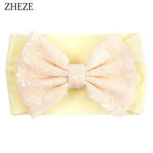 Bán Buôn Bé Cô Gái Tóc Phụ Kiện Đan Rộng Co Giãn Mềm Mại Nylon Shiny Sequins Bow Turban <span class=keywords><strong>Headband</strong></span> Cho Trẻ Sơ Sinh - Product Image 4