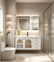 Meubles de salle de bain modernes en bois massif de 48 pouces, résistants à l'humidité, faciles à nettoyer, à fixer au mur, avec miroir carré intelligent à LED