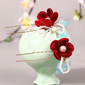 HY The new exquisite fashion red velvet glass hair pin all the studio with makeup antique accessories to Hanfu headwear