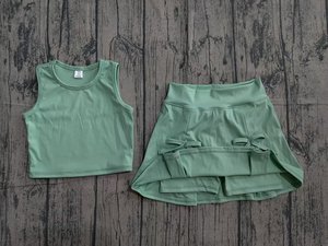 Ensemble de yoga sans manches pour enfant, jupe unie verte imprimée, tenue d'été pour petite fille, vente en gros GSD3760 - Product Image 5