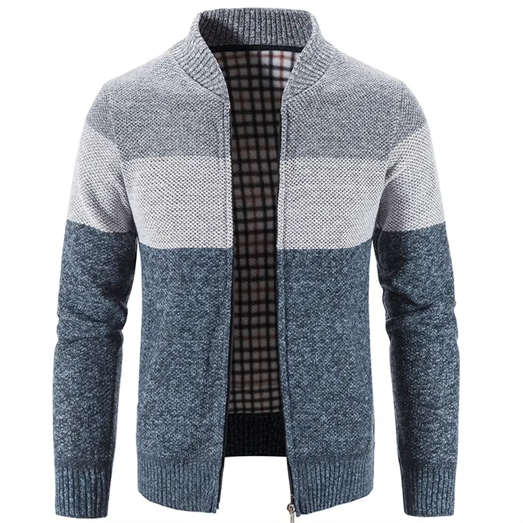 KAISORN Fashion plus size plus velvet thick O neck grey color block zip up men's cardigan sweater