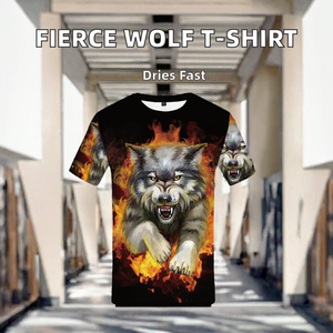 Camiseta con gráfico de lobo en 3D para hombre, camiseta transpirable de manga corta con cuello redondo, camiseta estampada informal de verano - Product Image 2