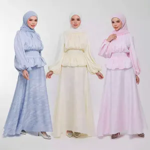 Ramadan EID women muslim clothing 3 piece hijab dress set modest silky organdy pleated top and full cover skirt