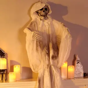 Casa embrujada para fiesta, animatrónica de pie, esqueleto blanco fantasma, utilería animada para Halloween, esqueleto