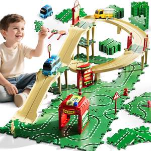 Pista de Carreras de Rompecabezas Personalizable para Niños, Set de Pistas de Carreras de 4 Niveles, Edades 2-5, 3 Autos, Piezas de Tráfico, Rompecabezas de Piso - Product Image 1