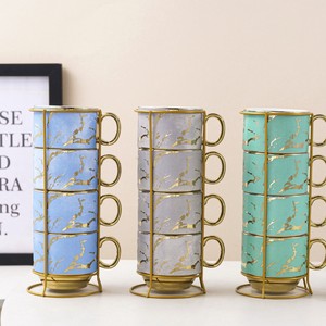 Taza de Porcelana Estilo Europeo con Soporte de Hierro, Diseño Galvanizado, Apilable, Apta para Microondas, Ecológica, para Almacenamiento; Set de Regalo - Product Image 4