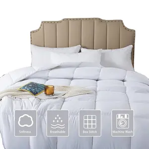 Queen Size Duvet Insert All Season White Stripe Embossed Lightweight Quilt Down Alternative Hotel Comforter with Corner Tabs