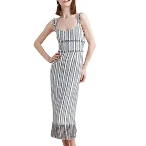 新着ファッションカスタムエレガントなスタイリッシュなフリンジツイードストライプドレス最新のホットセールノースリーブスリムフィットドレス