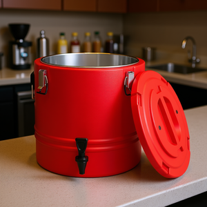 Dispensador de bebidas aislado de 8 galones/30 litros, cilíndrico, de acero inoxidable, con grifo para bebidas frías y calientes. - Product Image 2