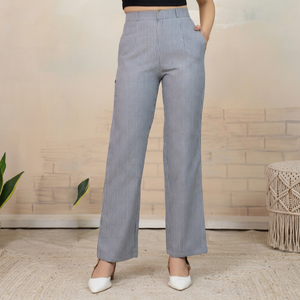 Pantalon pour femme Groosberry Rib Leycra rayé en lin/coton respirant à séchage rapide, taille mi-haute, demi-ceinture, demi-élastique, coupe régulière - Product Image 1