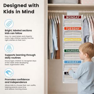 Weekly Clothes Organizer 6 Shelf Hanging Closet <b>Storage</b> For Kids With Labeled Days And Side Pockets For Outfit Planning - Product Image 3