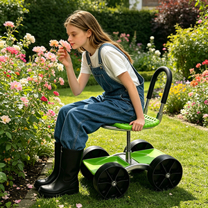 Chariot-tabouret de jardin roulant avec poignée, siège pivotant <span class=keywords><strong>à</strong></span> 360° réglable en hauteur, 4 grandes roues, pour travaux extérieurs, jardinage, ferme - Product Image 3