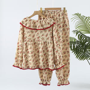 Ensemble pantalon et haut en crêpe de coton pur pour femme, <span class=keywords><strong>double</strong></span> <span class=keywords><strong>gaze</strong></span> fine, doux et <span class=keywords><strong>lisse</strong></span>, style rétro, col rond, manches longues, printemps-automne - Product Image 2