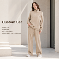 Conjunto de dos piezas para mujer: Sudadera de algodón polar color avena con cremallera de un cuarto y pantalón de chándal casual de cintura alta y pierna ancha.