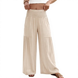 Pantaloni Larghi da <span class=keywords><strong>Donna</strong></span> in Cotone e <span class=keywords><strong>Lino</strong></span> a Vita Alta con Elastico e Coulisse, Vestibilità Ampia, Lunghezza Intera, con Tasche, per l'Estate e il Tempo Libero - Product Image 1