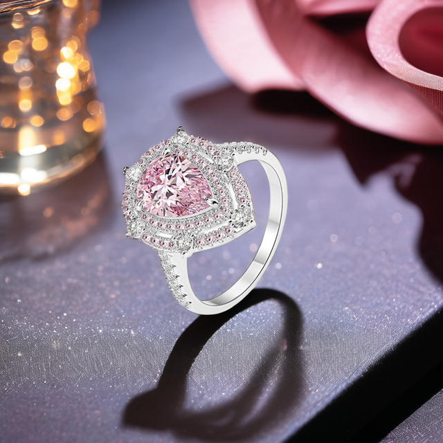 Super Quality Elegant 925 Sterling Silver Ring Light Luxury Pink Color Ice Crushed Cut Cubic Zirconia Rings for Women