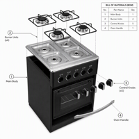 Kompor Gas Berdiri Bebas X CKD 4 Tungku dengan Oven, Permukaan Masak Stainless Steel, 110-220V, Kompor Gas Rumah Tangga untuk Dapur