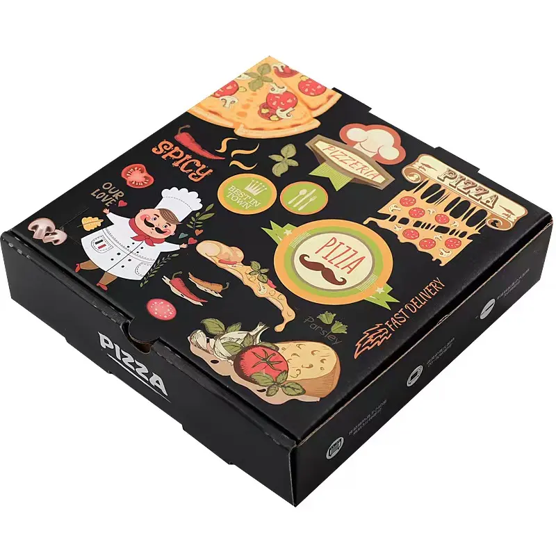 Verschillende Maten Custom Goedkope Pizza Doos Met Logo Gegolfd Groothandel Box Voor Pizza Zwart Pizza Box