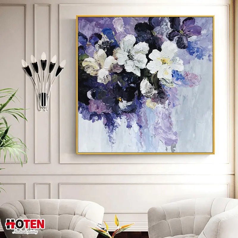 Hand-painted purple flower oil painting large hotel background wall decorative painting