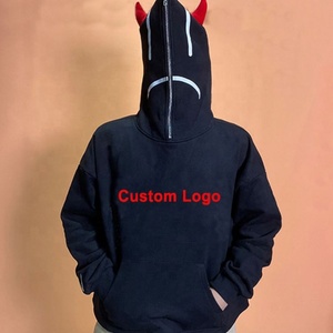 Sweat à capuche pour homme de haute qualité 400 Gsm, design personnalisé avec des cornes de <span class=keywords><strong>diable</strong></span> et un squelette, sweat à capuche avec fermeture éclair intégrale, visage en strass, hiver 100% coton - Product Image 2
