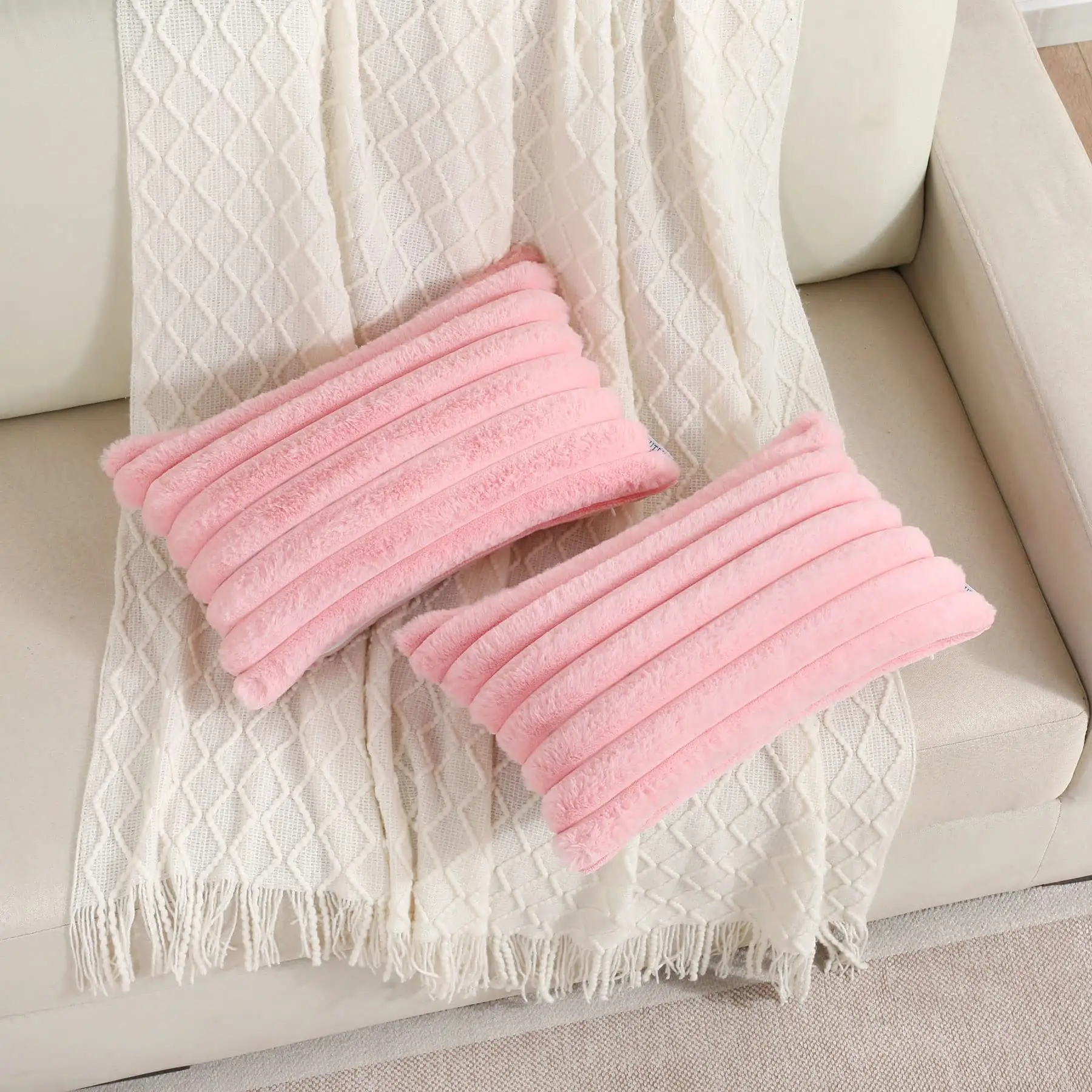 Sarung bantal Sofa mewah bergaris, sarung bantal dekoratif bulu kelinci imitasi & beludru lembut nyaman ukuran 30*50cm
