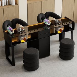 Ensemble table et chaise de manucure en verre noir, double poste de travail pour salon de beauté avec tiroirs de rangement - Product Image 6