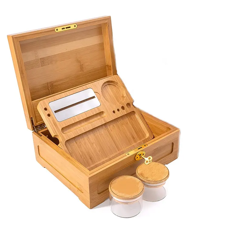 Large Smoke Storage Box Wholesale Magnetic Smell Proof Jar Wooden Bamboo Stash Box Smoking Accessories Kit with Rolling Tray