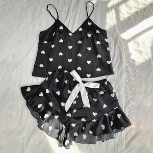 2025 gaya baru rajutan garis cetak hati bretel manis celana pendek suspender pakaian rumah piyama natal wanita baju tidur malam set - Product Image 3